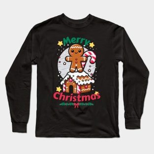 Gingerbread Man with Candy Cane on Gingerbread House. Long Sleeve T-Shirt